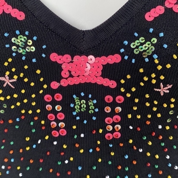 Vintage Black Fully Beaded  multicolour Sleeveless Sweater Top Sz L - Picture 4 of 14